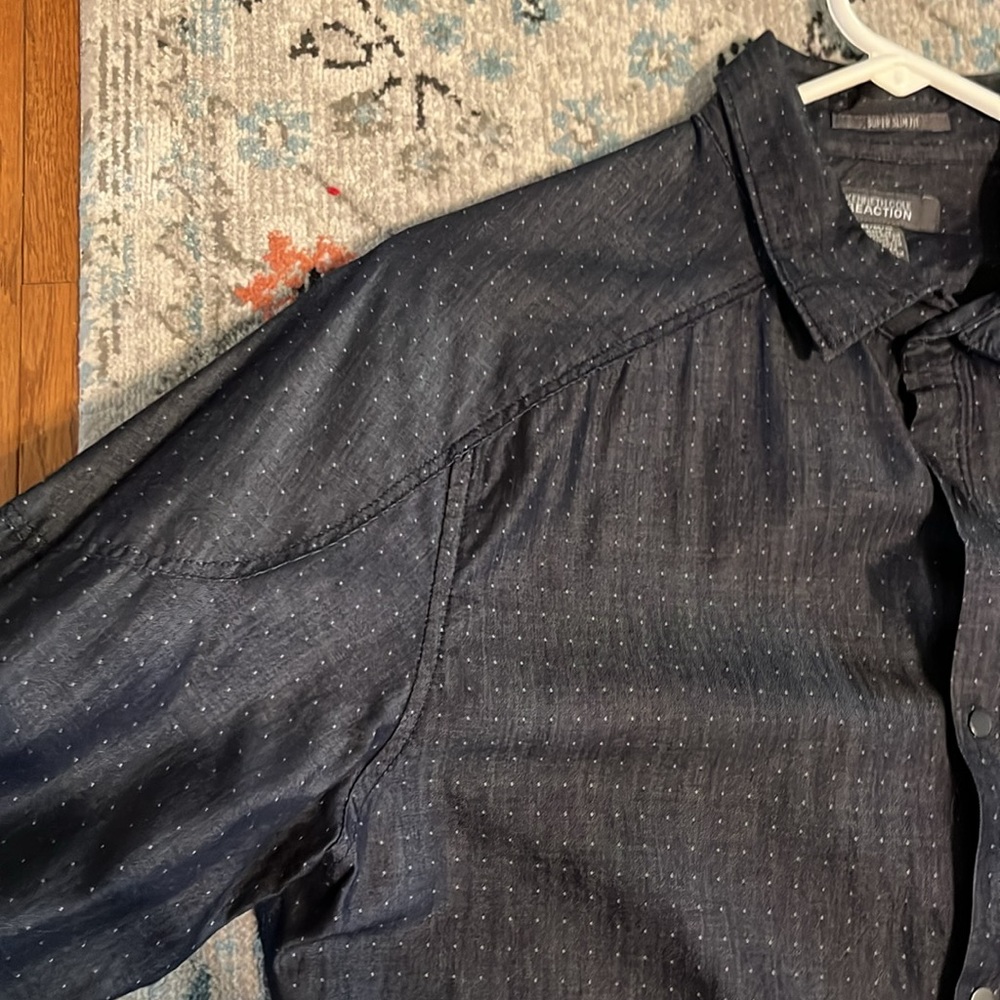 Kenneth Cole Blue Chambray Super Slim Fit Snap Front Shirt - Picture 8 of 16